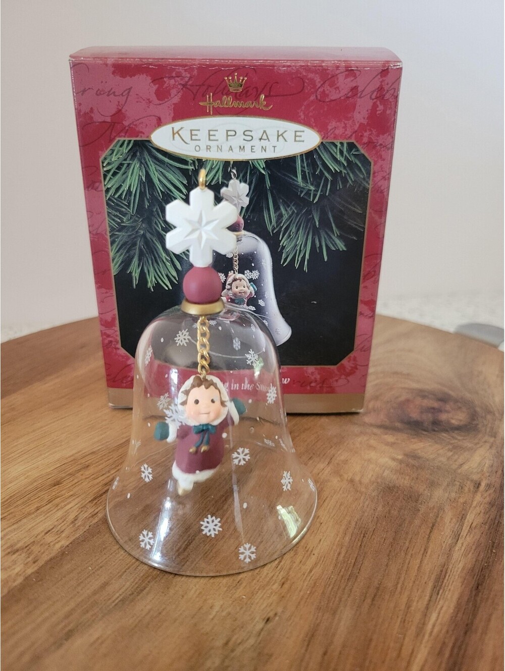 Vintage 1997 Hallmark Swinging In The Snow Glass Angel Christmas Ornament Box
